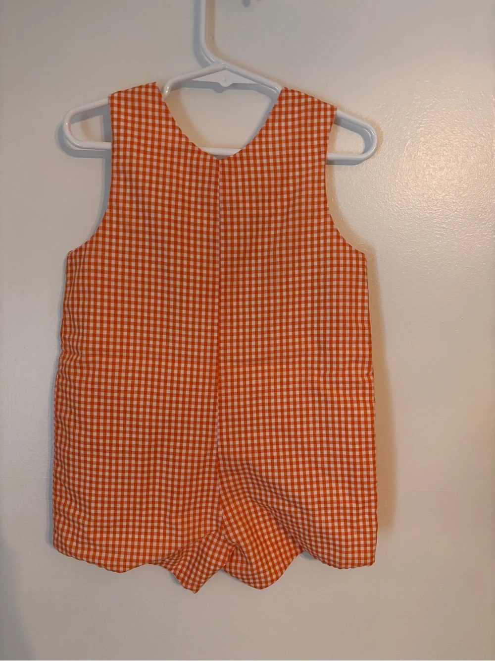 Orange & White Gingham Kids Romper with Button Shoulder Closures